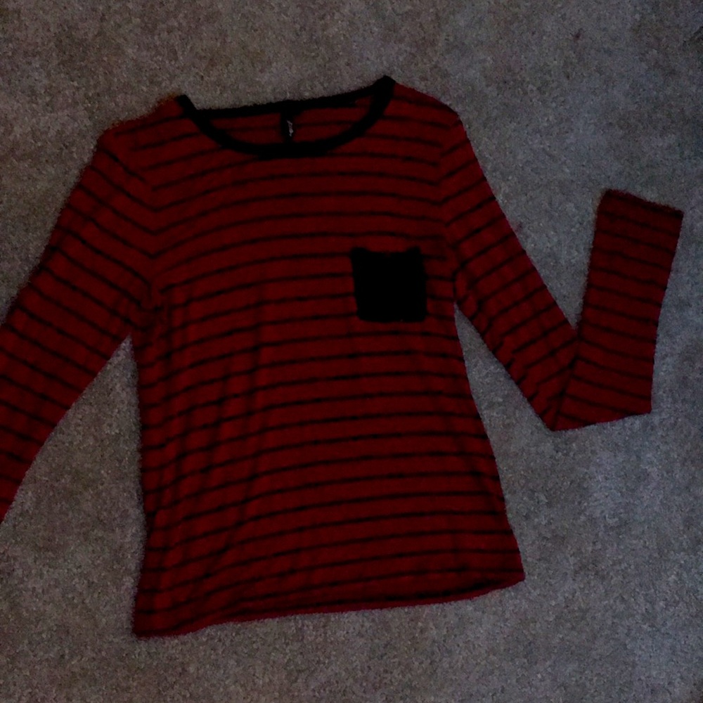 Red and black striped Ultra•flirt long sleeve tee.